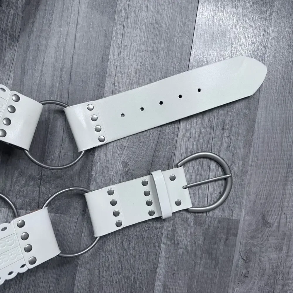 Y2K White Cutout O- Ring Belt Silver Hardware Wide Waist Cinch Cowgirl XXL